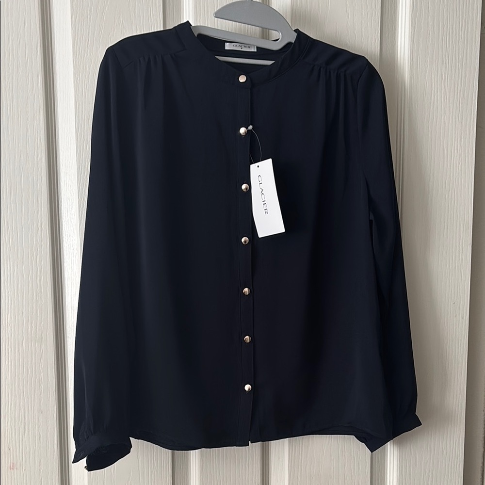 Black Button Down Shirt with Mandarin Collar